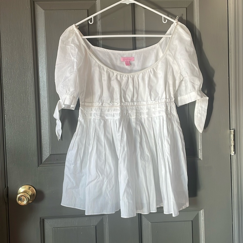 Lilly Pulitzer White Puff Sleeve Tie Blouse